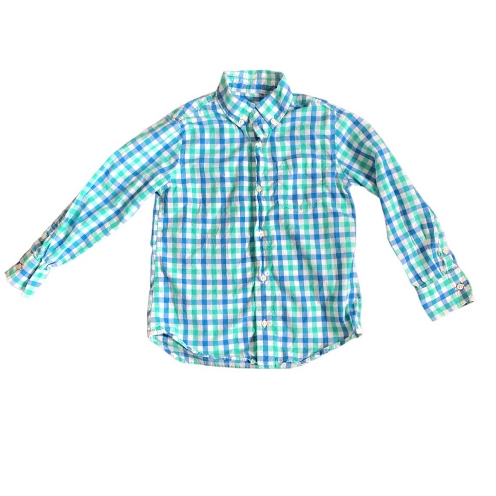 Crewcuts Blue Green Plaid Button-Down Oxford Long Sleeve Shirt 6/7